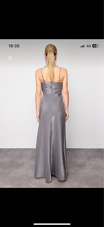 Gri Metalik Dokuma Uzun Abiye Elbise - Görsel 8
