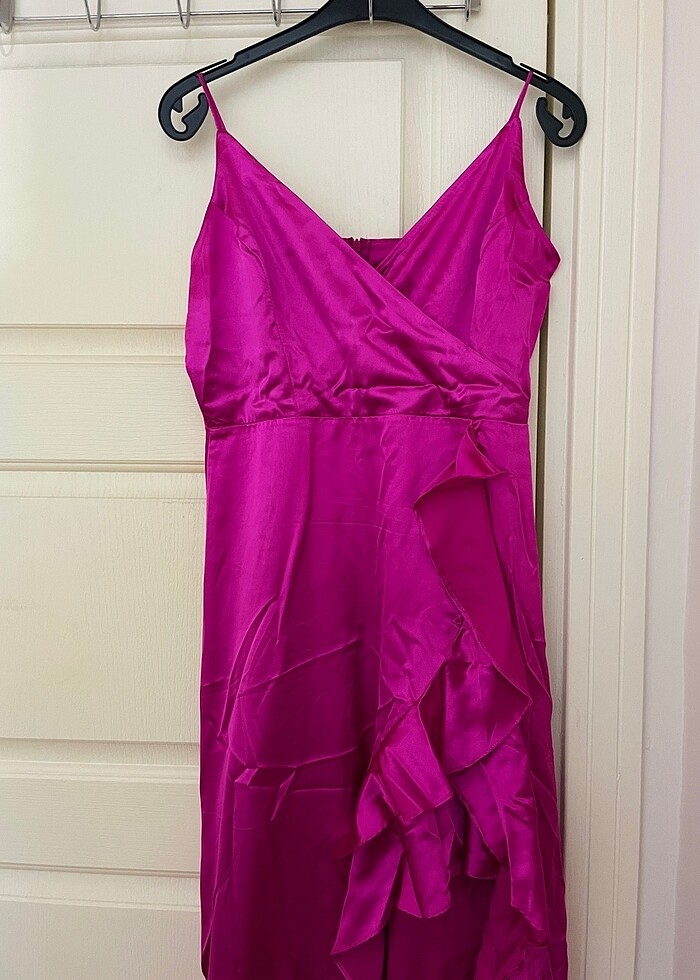 Volanlı Saten Uzun Gece Abiye Elbise - Görsel 3