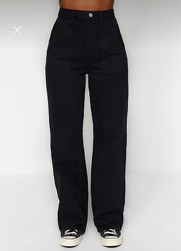 Siyah Cep Detaylı Yüksek Bel Wide Leg Jeans - Görsel 7