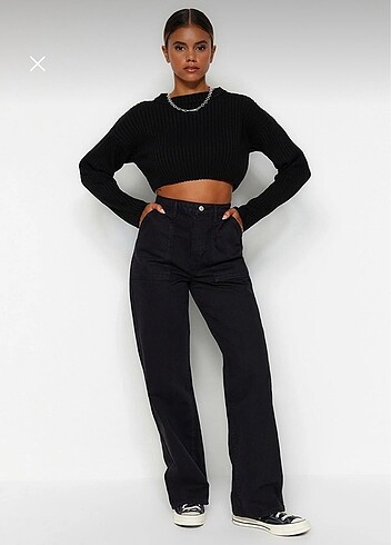 Siyah Cep Detaylı Yüksek Bel Wide Leg Jeans