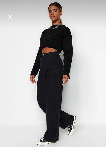 Siyah Cep Detaylı Yüksek Bel Wide Leg Jeans - Görsel 6