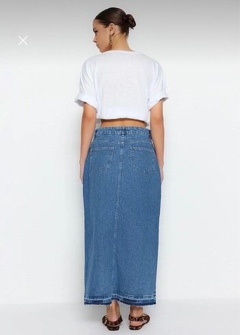 Koyu Mavi Yırtmaçlı Denim Etek - Görsel 8