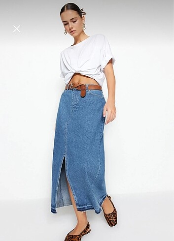 Koyu Mavi Yırtmaçlı Denim Etek - Görsel 6