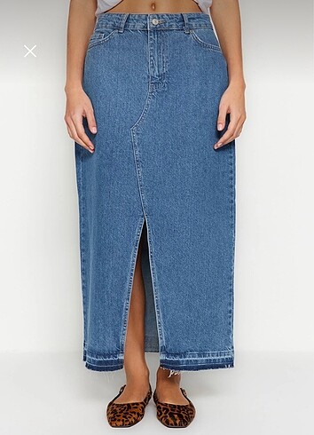 Koyu Mavi Yırtmaçlı Denim Etek - Görsel 7