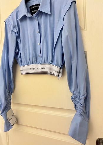 Mavi Crop Dokuma Poplin Gömlek - Görsel 5