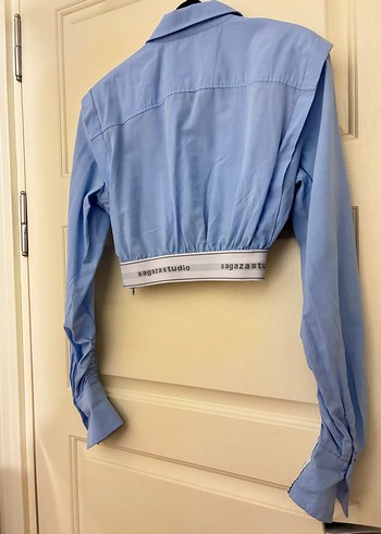 Mavi Crop Dokuma Poplin Gömlek - Görsel 4