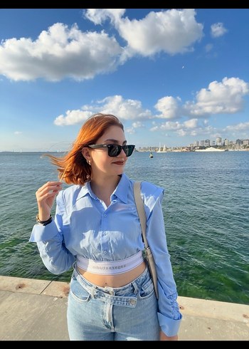 Mavi Crop Dokuma Poplin Gömlek - Görsel 6