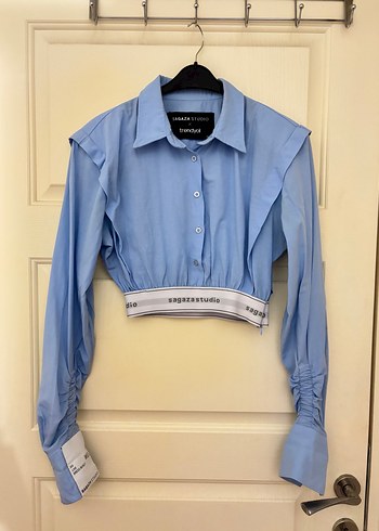 Mavi Crop Dokuma Poplin Gömlek - Görsel 2