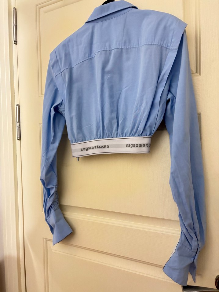 Mavi Crop Dokuma Poplin Gömlek - Görsel 4