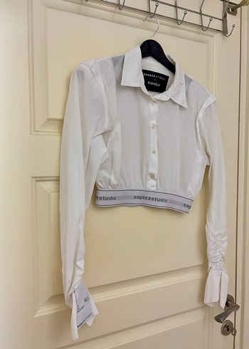 Beyaz Crop Dokuma Poplin Gömlek - Görsel 3