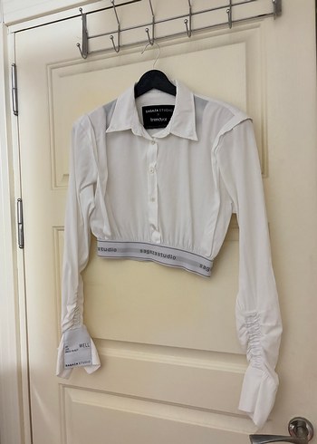 Beyaz Crop Dokuma Poplin Gömlek - Görsel 2