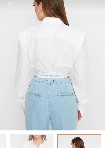 Beyaz Crop Dokuma Poplin Gömlek - Görsel 8