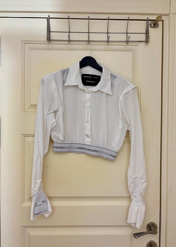 Beyaz Crop Dokuma Poplin Gömlek - Görsel 6