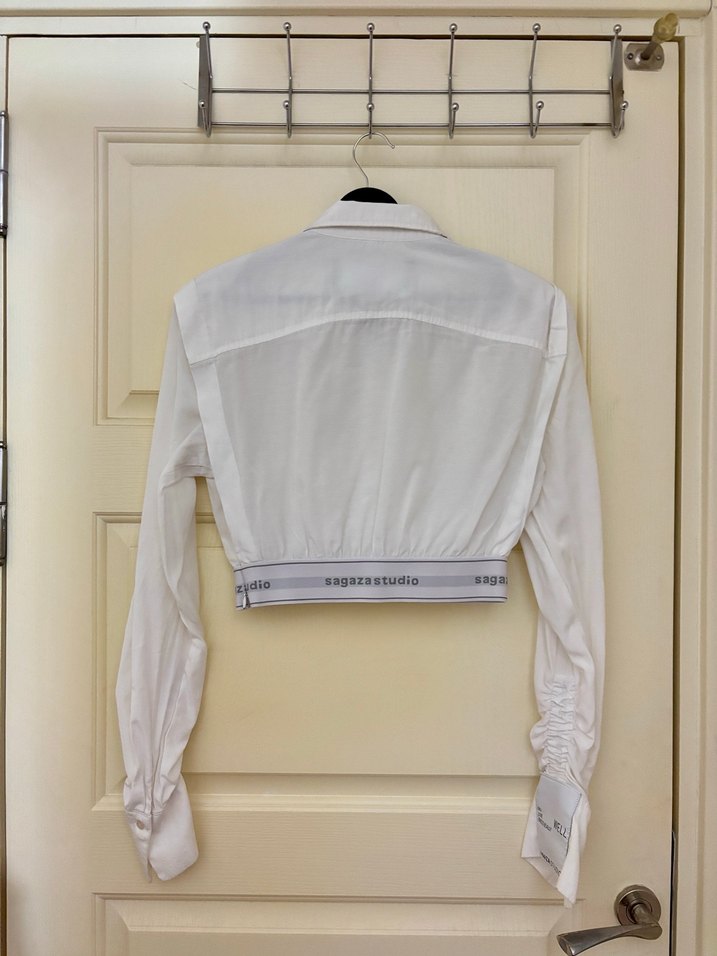 Beyaz Crop Dokuma Poplin Gömlek - Görsel 4