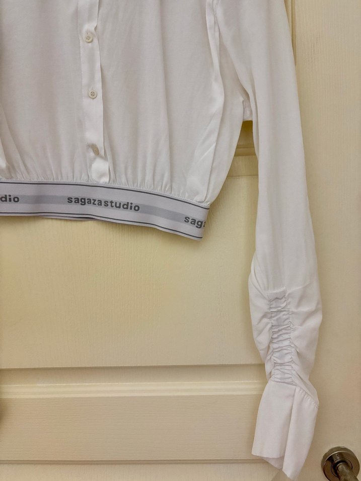 Beyaz Crop Dokuma Poplin Gömlek - Görsel 5