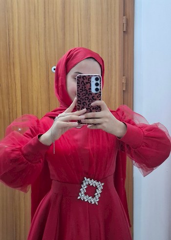 Uzun Kollu Kırmızı Tesettür Bindallı Elbise - Görsel 2