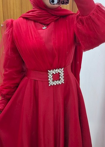 Uzun Kollu Kırmızı Tesettür Bindallı Elbise - Görsel 6