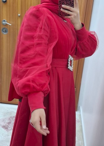 Uzun Kollu Kırmızı Tesettür Bindallı Elbise - Görsel 7