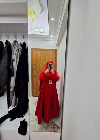 Uzun Kollu Kırmızı Tesettür Bindallı Elbise - Görsel 10