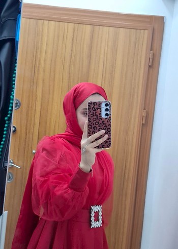 Uzun Kollu Kırmızı Tesettür Bindallı Elbise - Görsel 8