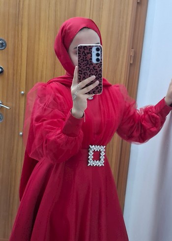 Uzun Kollu Kırmızı Tesettür Bindallı Elbise - Görsel 9