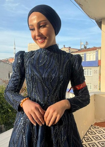 Lacivert Etnik Desenli Uzun Tesettür Abiye Elbise - Görsel 2