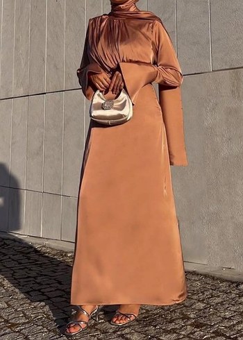 Camel Renkli Saten elbise - Görsel 2