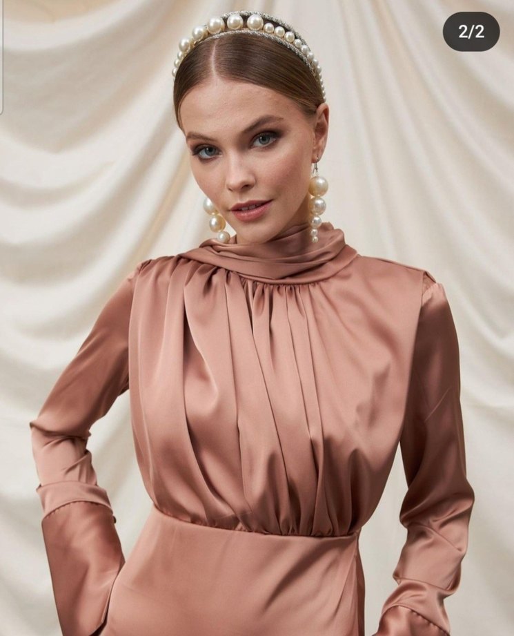 Camel Renkli Saten elbise - Görsel 4