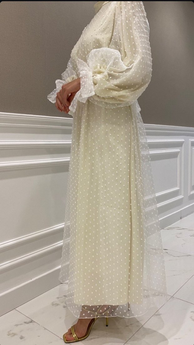 Uzun Kollu Beyaz Bohem Uzun Elbise - Görsel 3