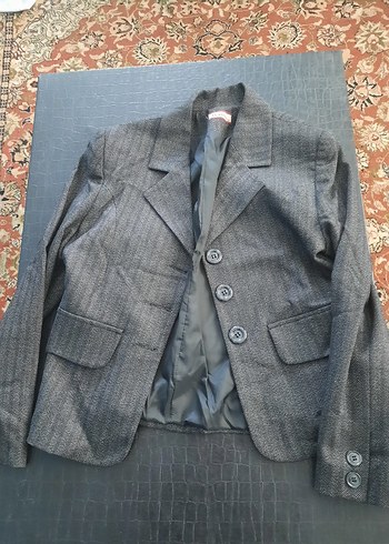 42 Beden cizgili Kadın Keten Ceket, Düğmeli, Normal Boy