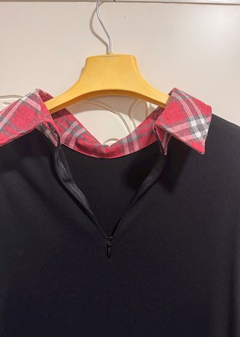 Ekose Detaylı Siyah Uzun Kollu Gömlek Tunik - Görsel 6