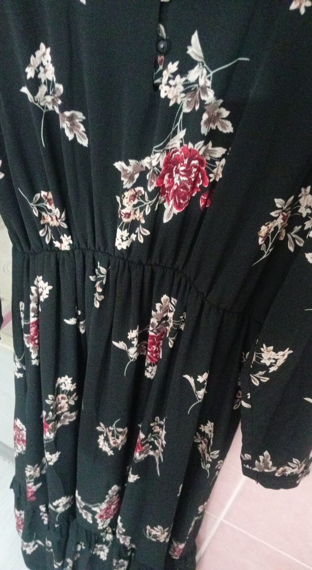 Kadın Siyah Uzun Çiçekli Bohem Elbise - Görsel 2