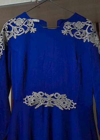 Nakışlı, Uzun Kollu, Mavi Uzun Abiye Elbise - Görsel 3