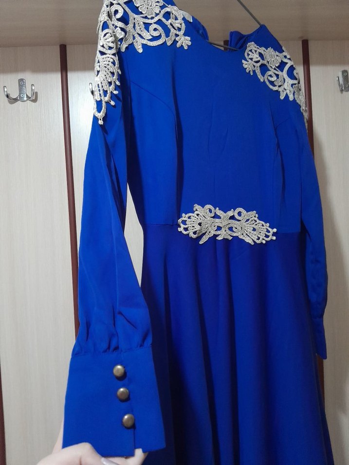 Nakışlı, Uzun Kollu, Mavi Uzun Abiye Elbise - Görsel 2