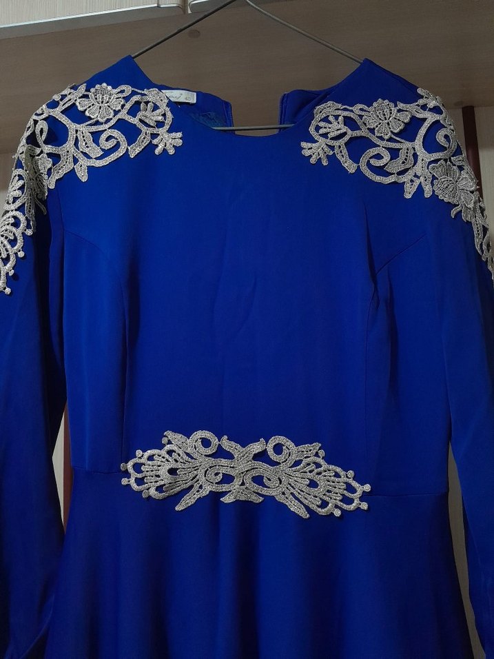 Nakışlı, Uzun Kollu, Mavi Uzun Abiye Elbise - Görsel 3