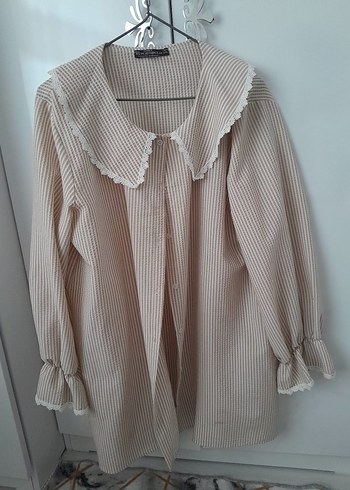 Bej Keten Kadın Gömlek Düğmeli - Görsel 3