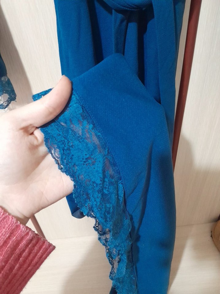 Uzun Kollu Mavi Tesettür Elbise - Görsel 3