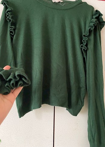 Yeşil Kısa Fitilli Fırfırlı Kadın Kazak - Görsel 2