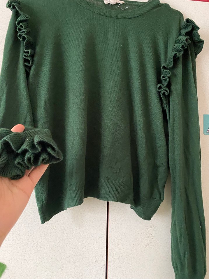 Yeşil Kısa Fitilli Fırfırlı Kadın Kazak - Görsel 2