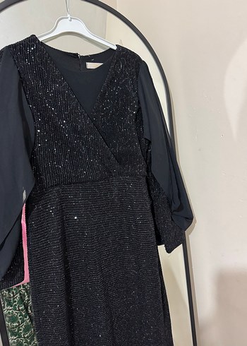 Kadın Siyah Uzun Kollu Drapeli Abiye Elbise - Görsel 2