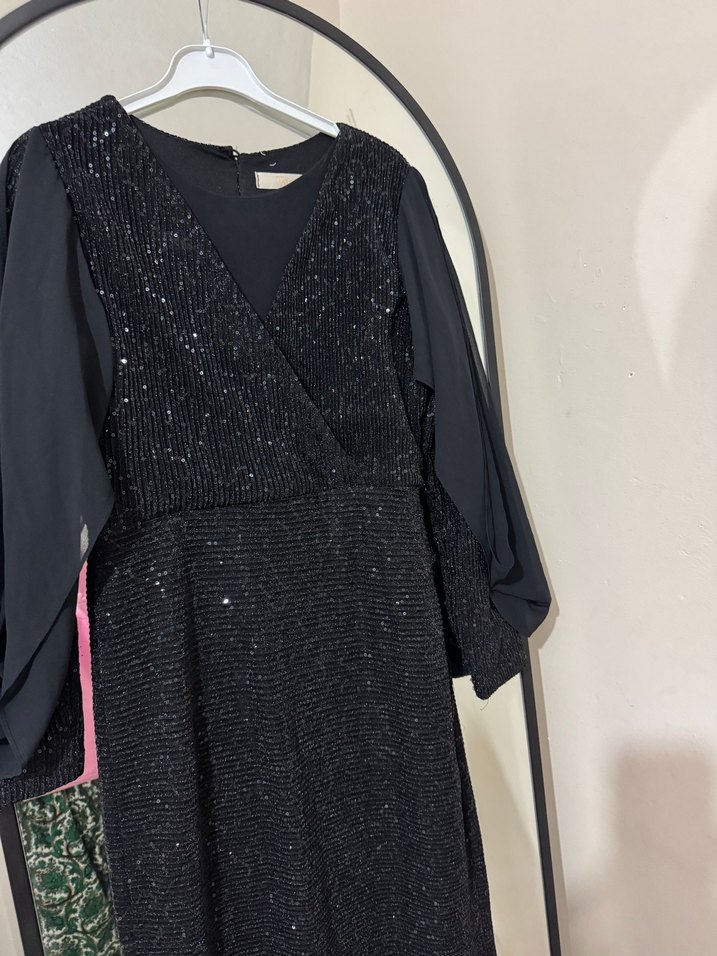 Kadın Siyah Uzun Kollu Drapeli Abiye Elbise - Görsel 2