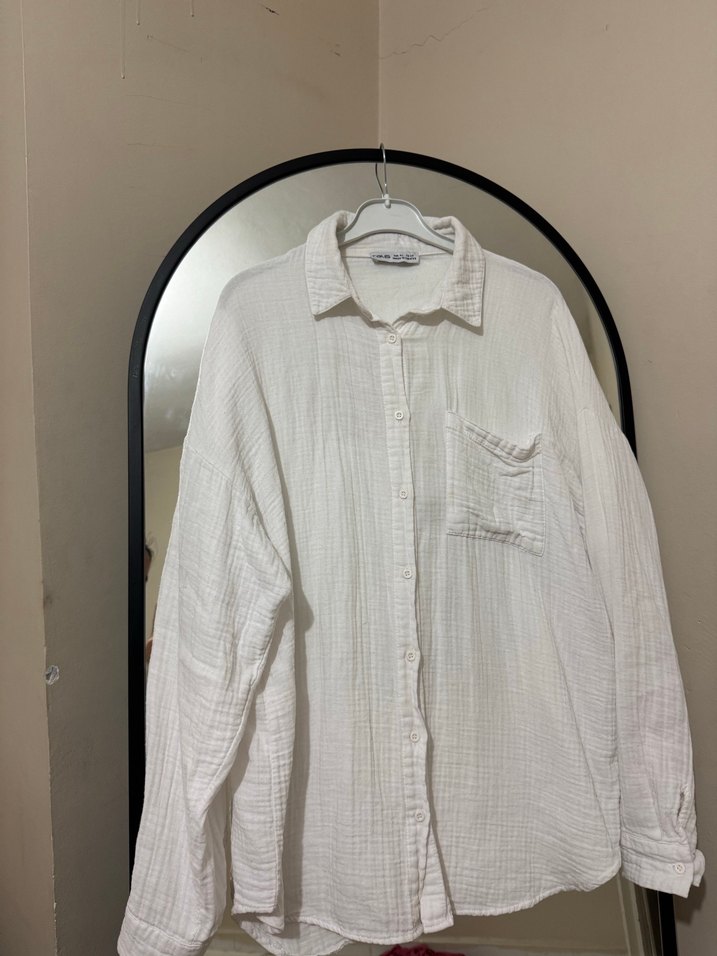 Düğmeli Beyaz Keten Kadın Gömlek - Görsel 2