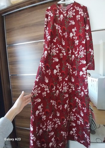 Bordo Uzun Kollu Bohem Desenli Elbise - Görsel 3