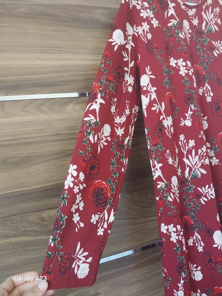 Bordo Uzun Kollu Bohem Desenli Elbise - Görsel 5