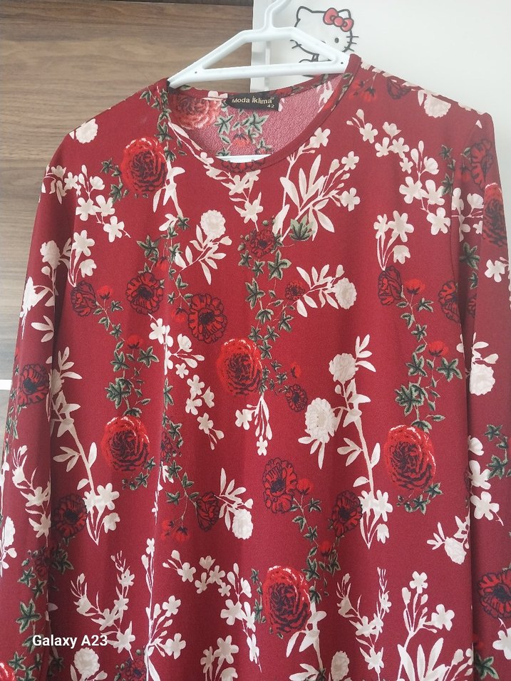 Bordo Uzun Kollu Bohem Desenli Elbise - Görsel 2