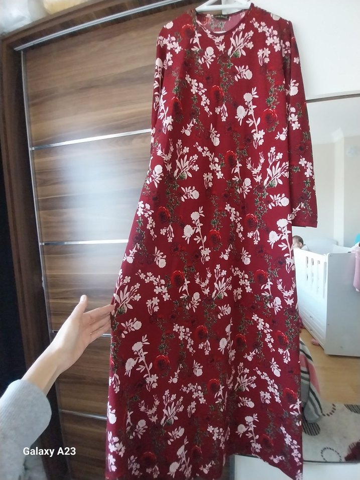 Bordo Uzun Kollu Bohem Desenli Elbise - Görsel 3