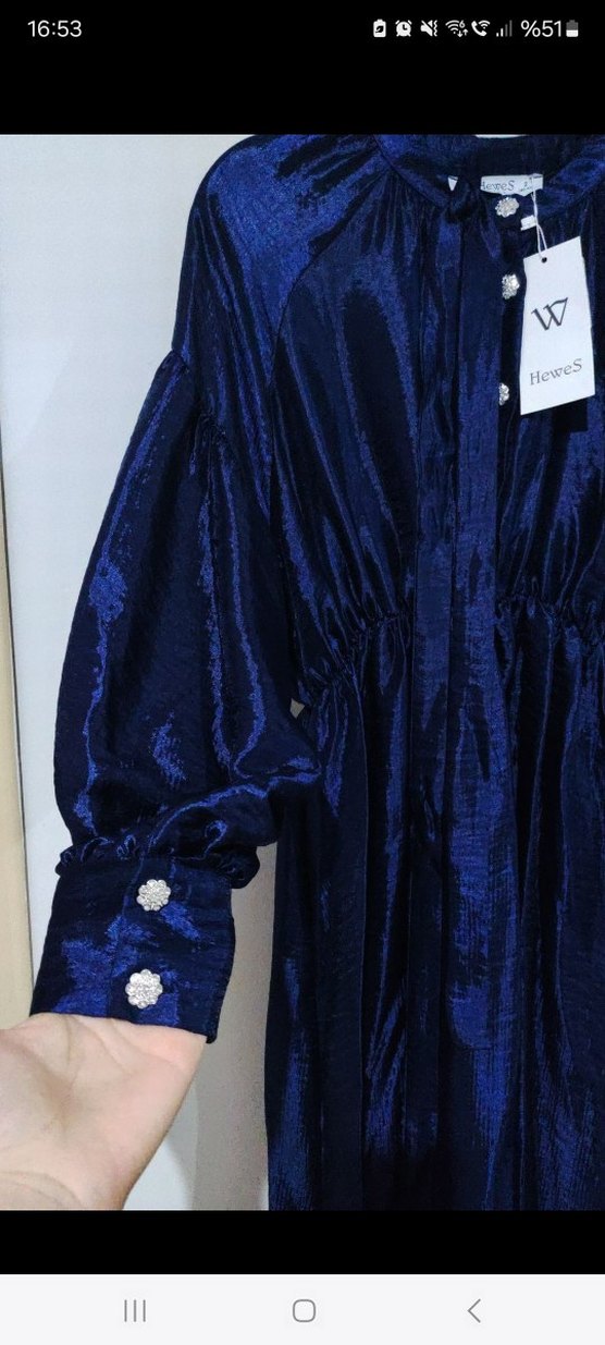 Düğmeli Parlak Mavi Uzun Kadın Elbise - Görsel 2