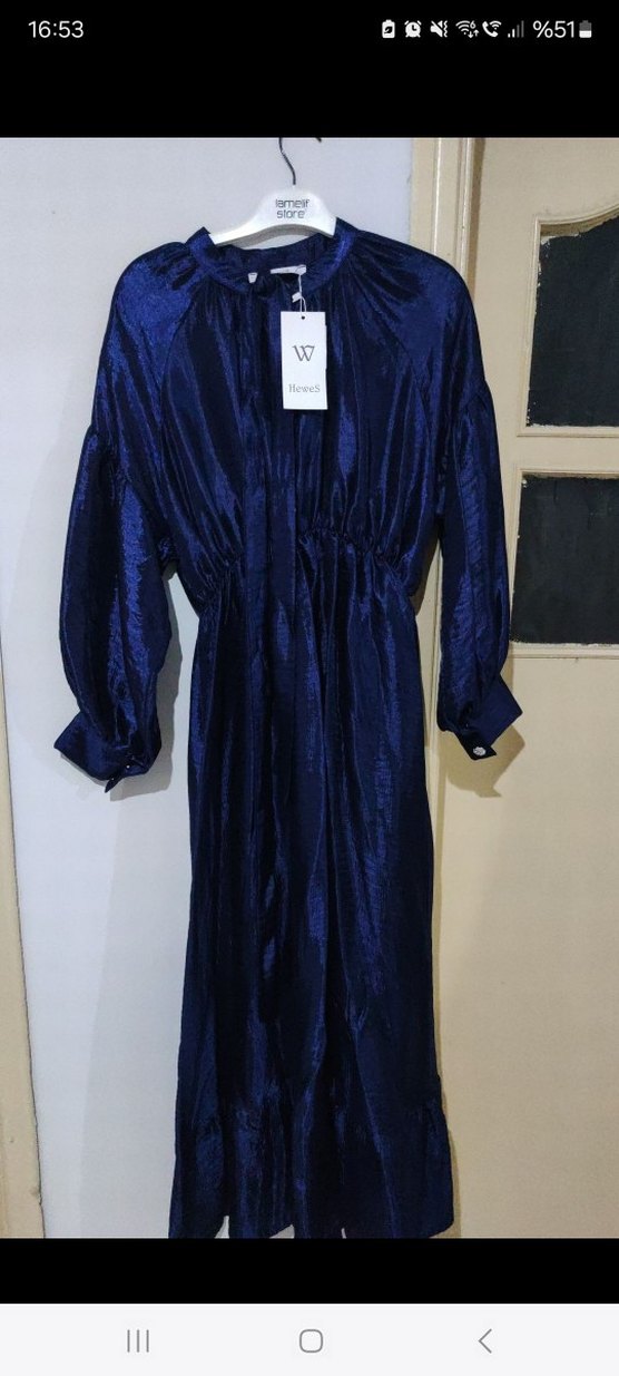 Düğmeli Parlak Mavi Uzun Kadın Elbise - Görsel 4