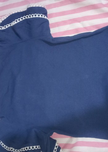 Mavi Kısa Kollu Triko Tişört - Görsel 4