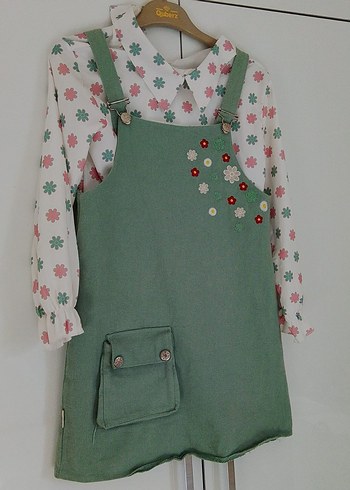 Nakışlı Yeşil Kız Salopet Elbise - Görsel 2